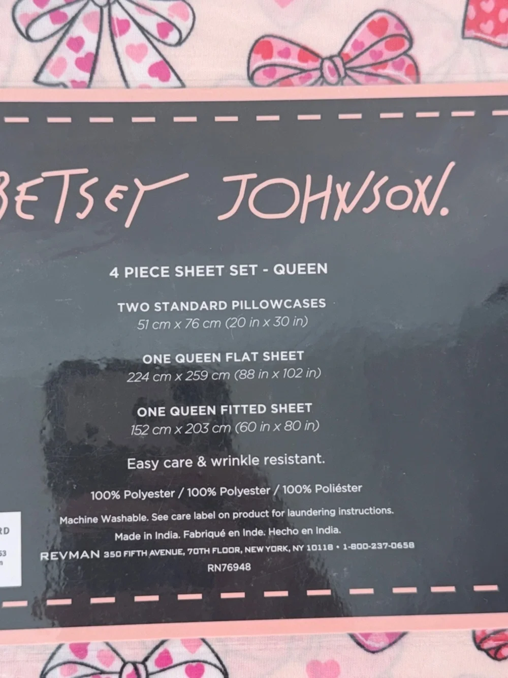 Betsey Johnson Queen Sheet Set Pink Bow Heart Print 4 Piece Bedding